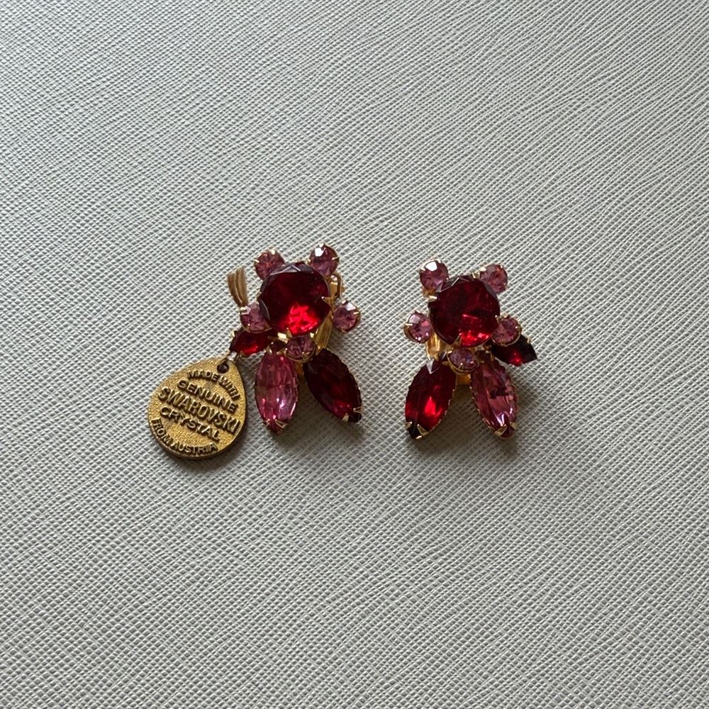 Vintage Swarovski Gold-Tone Red and Pink Crystal Floral Clip-On Earrings